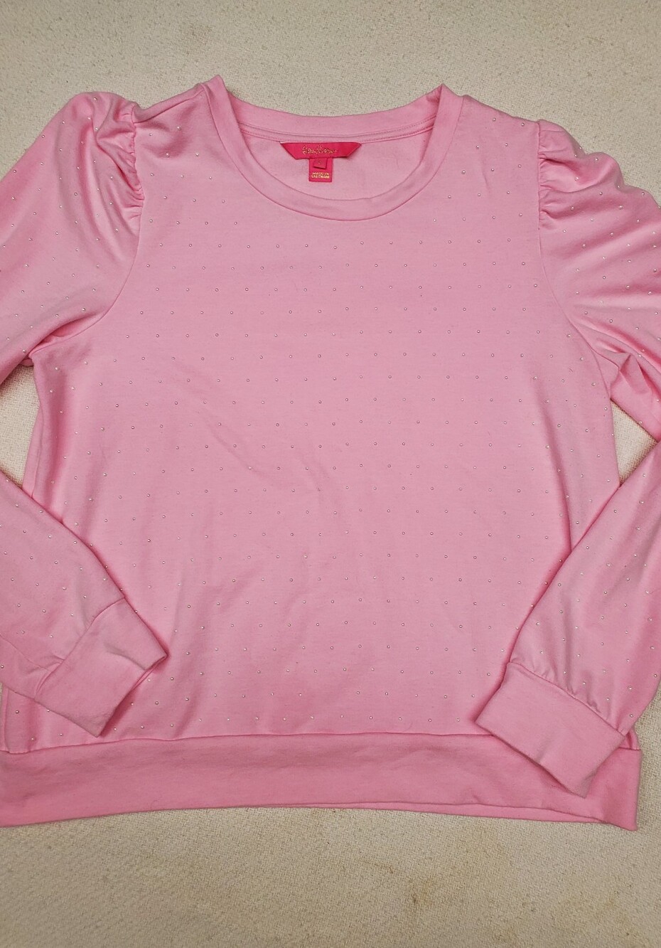 Lilly Pulitzer Pink Pearl Studded Pullover Sz L Puff Sleeve Sweatshirt